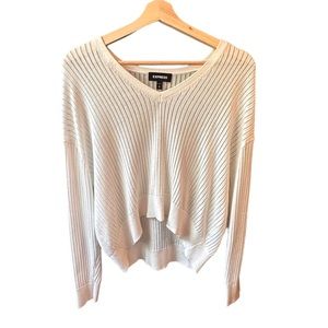 express dark academia white ribbed v neck cropped sweater oversized long sleeve